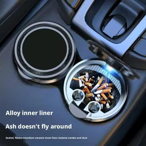 Cenicero Universal para Auto con Tapa Sellada, Lámpara LED, Aleación de Aluminio, Sin Humo, Antiolor, Lavable, Desmontable, Accesorio Interior para Auto