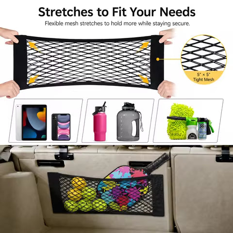 Organizador de Maletero para Auto, Red de Almacenamiento, Bolsillo Trasero para Asiento, Bolsa de Malla Elástica Universal, Adhesivo Mágico, Accesorios Interiores Traseros para Auto