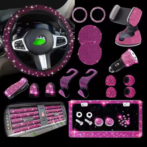 Juego de Accesorios Interiores para Auto, Diseño de Imitación de Diamantes, Antideslizante, Ajuste Universal, Cubierta Brillante para Volante 4 - con monedas